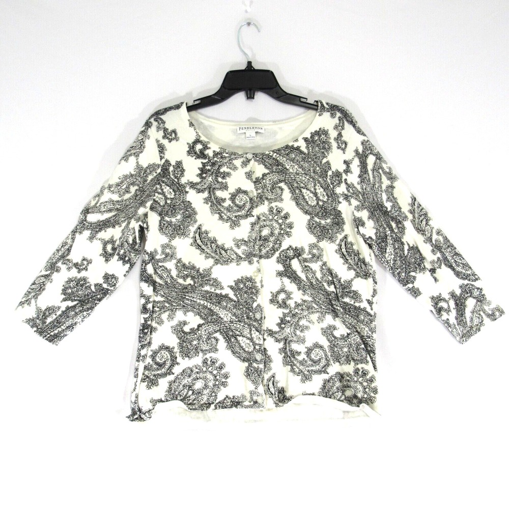 Pendleton Buttoned Cardigan Women's Petite Large Black White Paisley Print Short